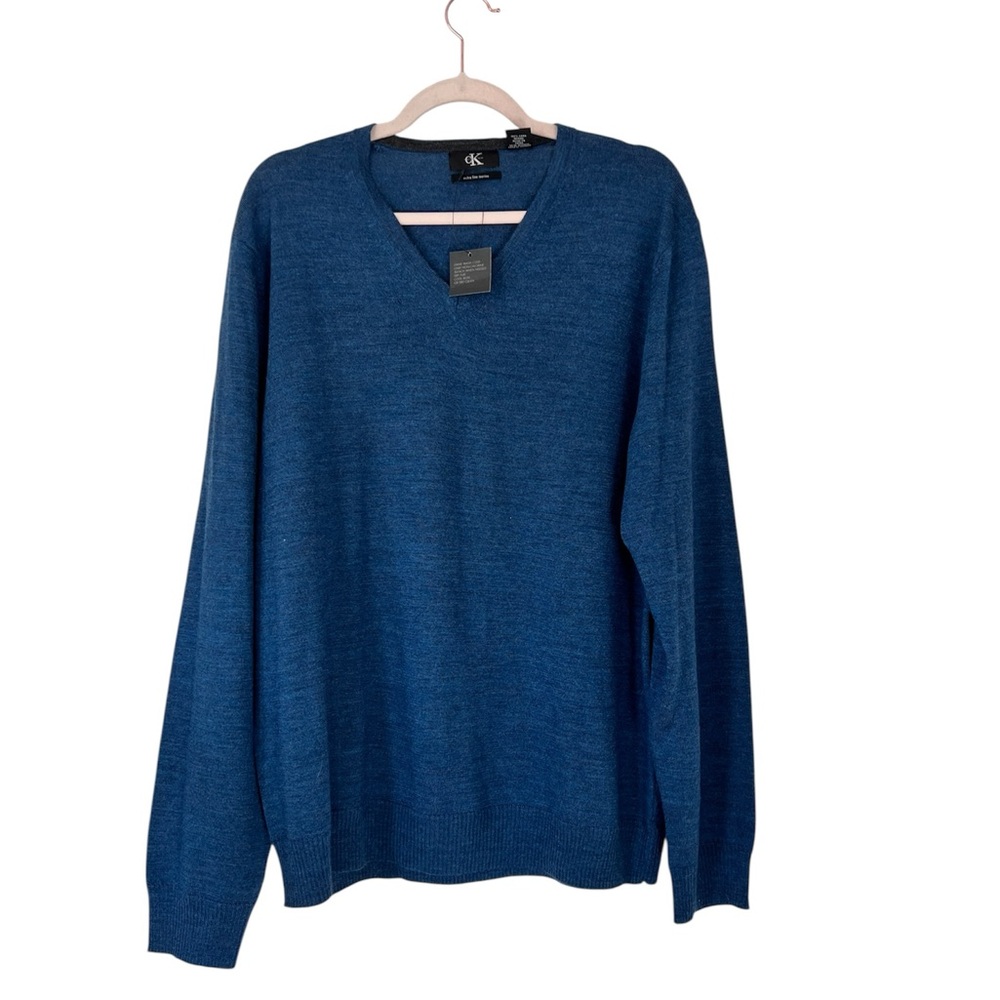 Calvin Klein Men’s Blue 100% Merino Wool‎ V-Neck Sweater Lightweight XL NEW